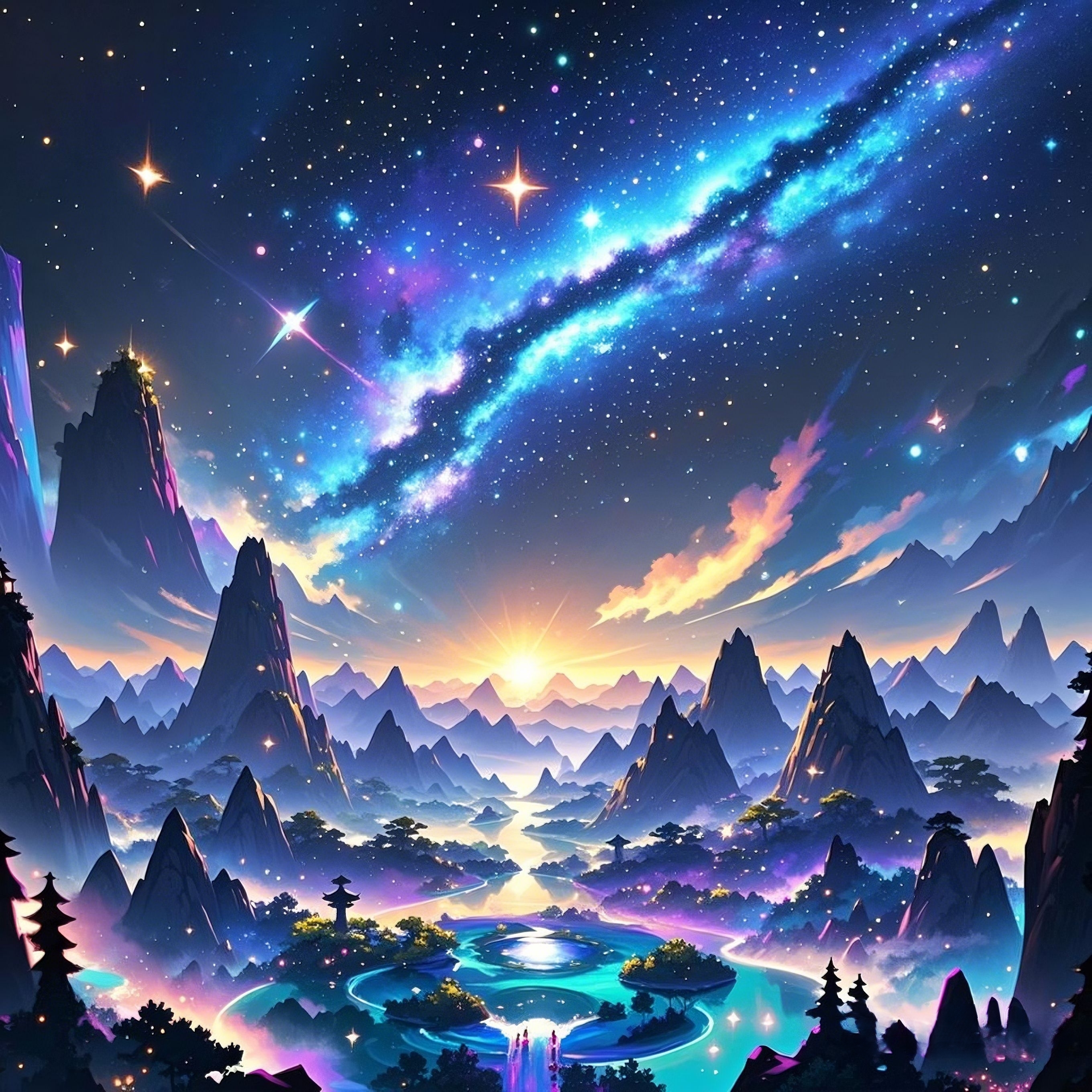 倾泻而下,将天地紧密相连,每一颗星辰都似乎在诉说着古老而神秘的故事