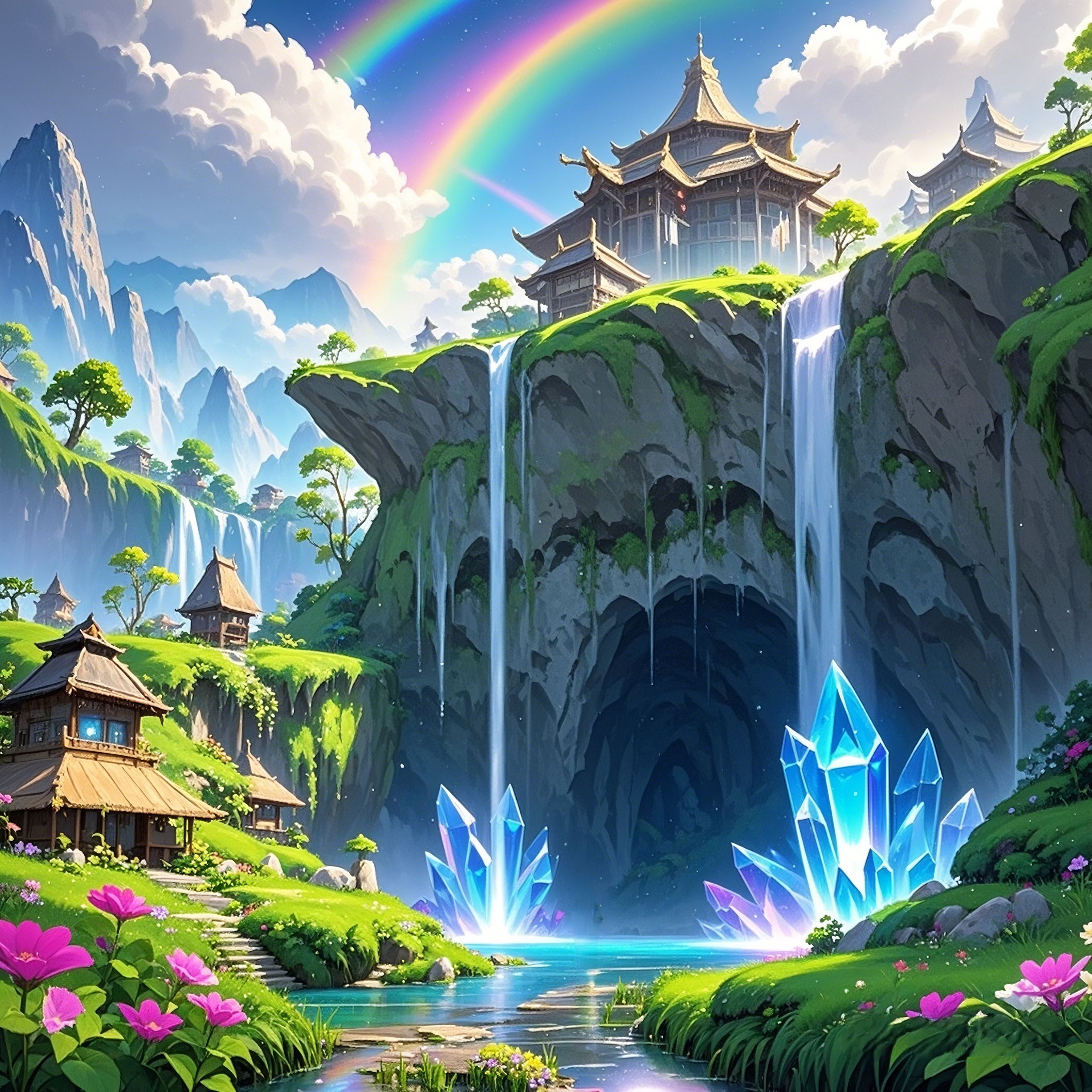 虹霓洞天 彩虹垂落,水晶生辉,瀑布飞泻,灵光流转,水雾折射出七彩霓虹