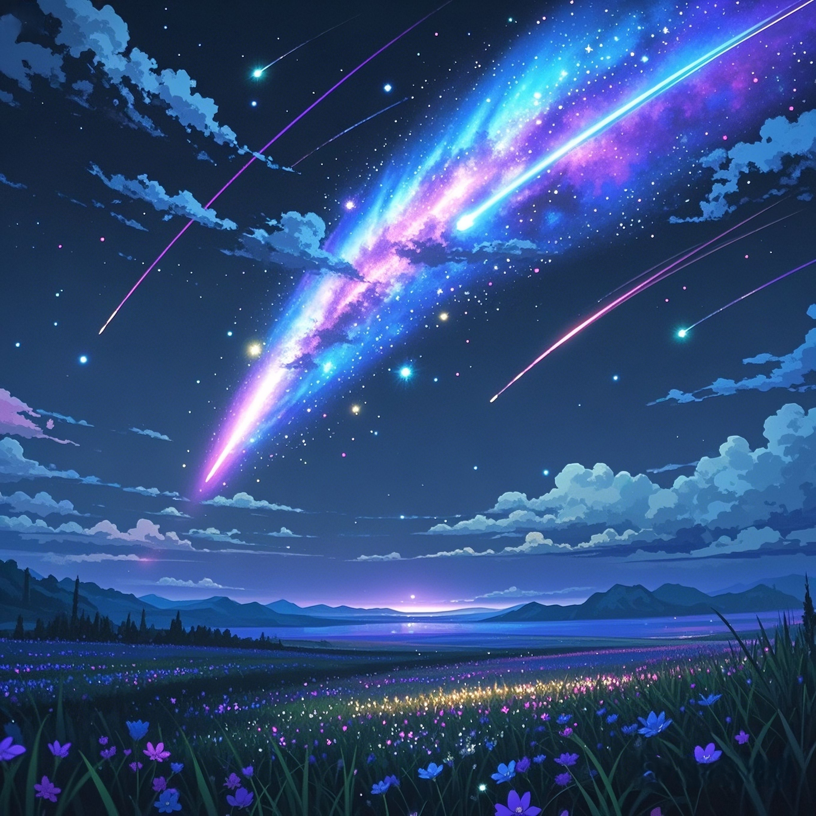 夜吻流星 流星如银梭划过,拖曳着转瞬即逝的光痕,这一刻,时间仿佛凝固