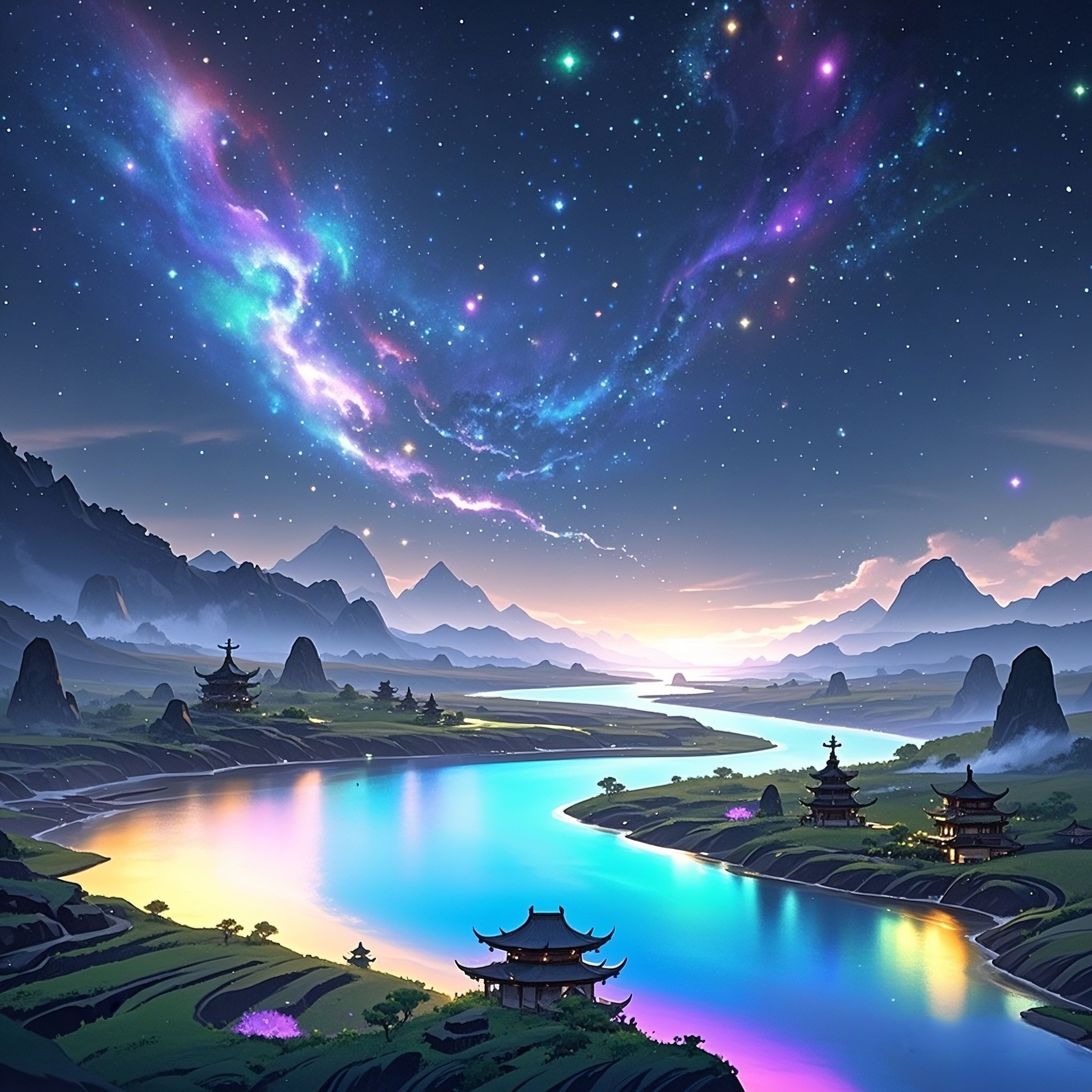 九曲天河 在仙界的无尽星空中,九曲天河蜿蜒流淌,如