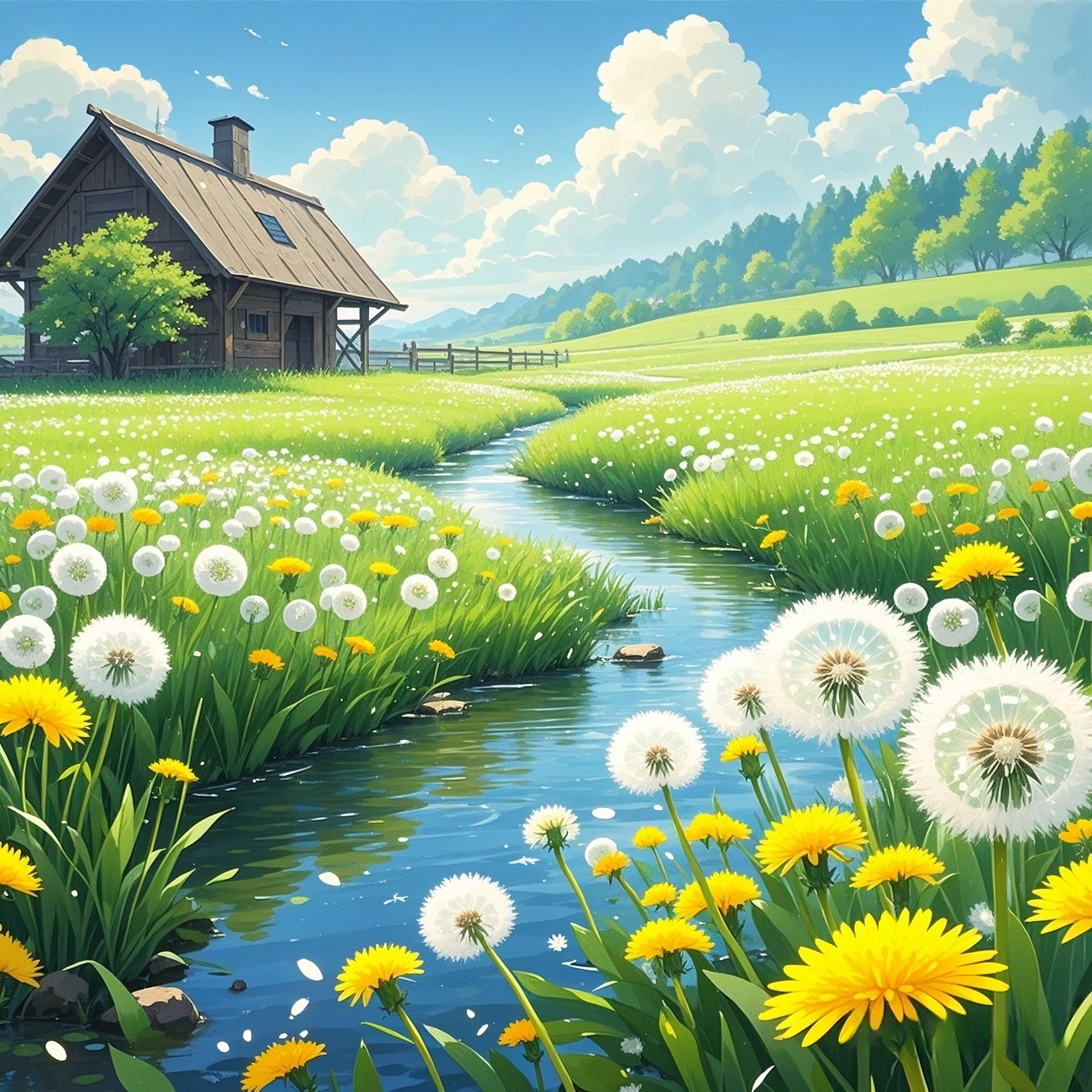 风絮流光 蒲公英在野径旁低语,绒白的种子在风中舒展,如星屑散落,与