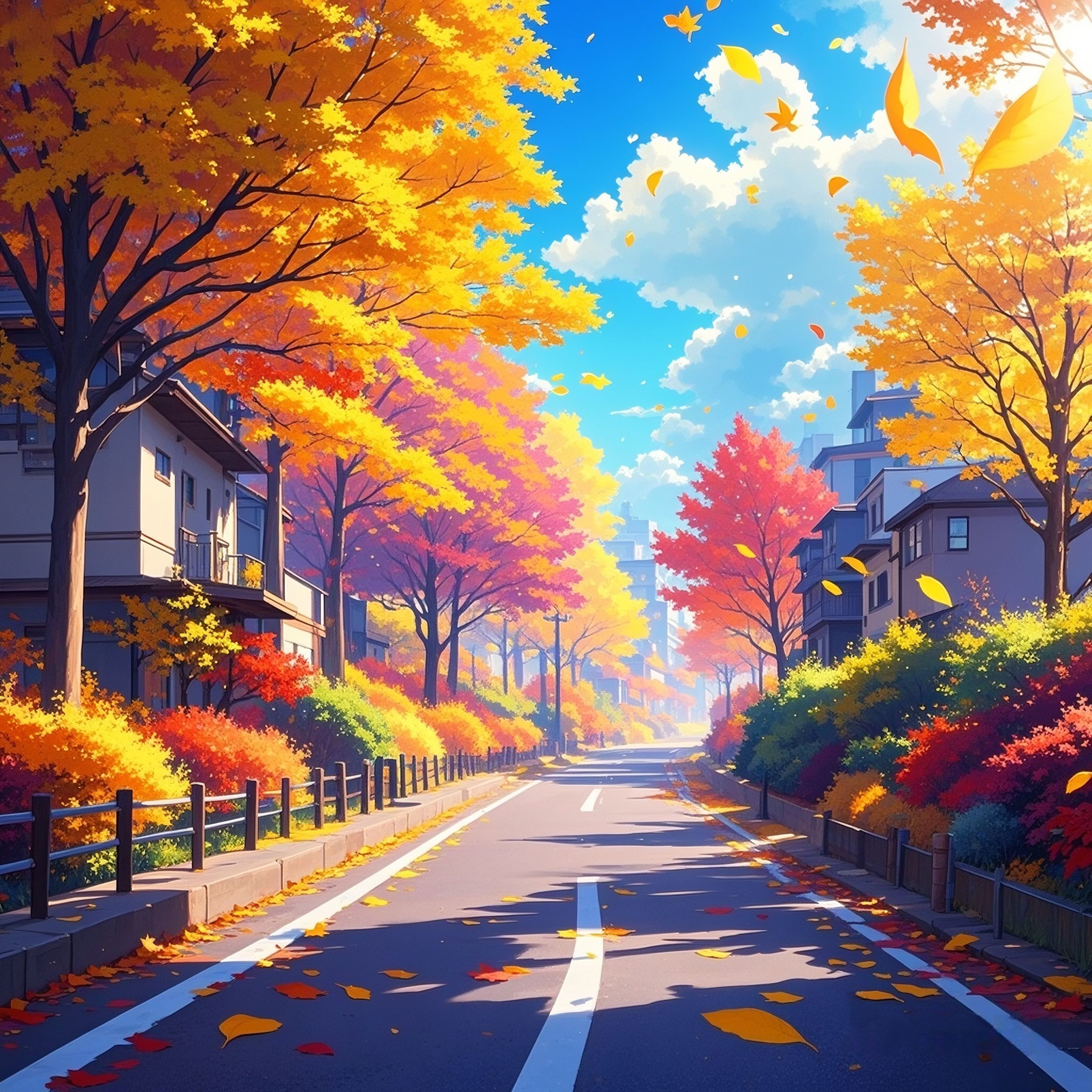 秋叶满街 沥青的冷与枫叶的烫在风中角力,每一步都踩碎一片溃散的夕阳