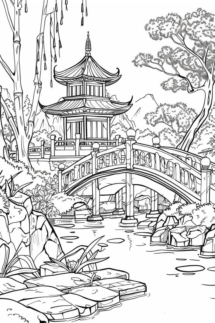 古风风景照片线稿涂色画打印大图 古建筑艺术形式手绘戏马台线稿重庆