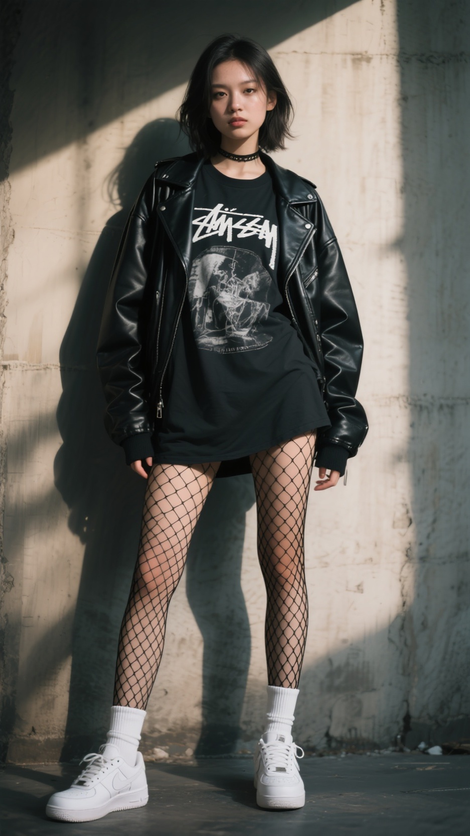 暗黑系酷女孩街拍,神秘冷艳 一位酷帅的年轻女孩,穿着中网眼的黑色