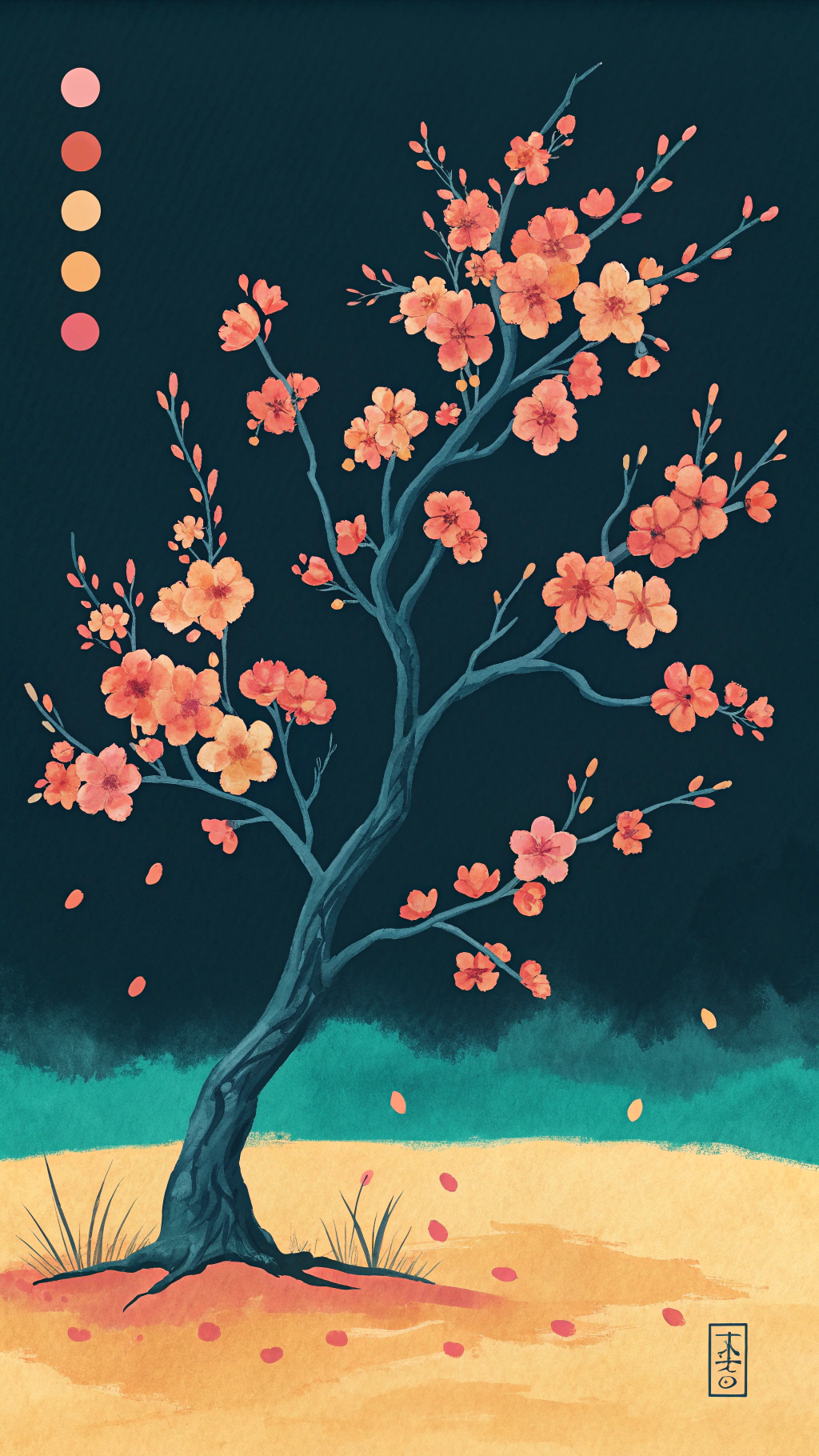 画面中,一棵粉红色的樱花树,在黑色背景的衬托下显得尤为突出,粉色的