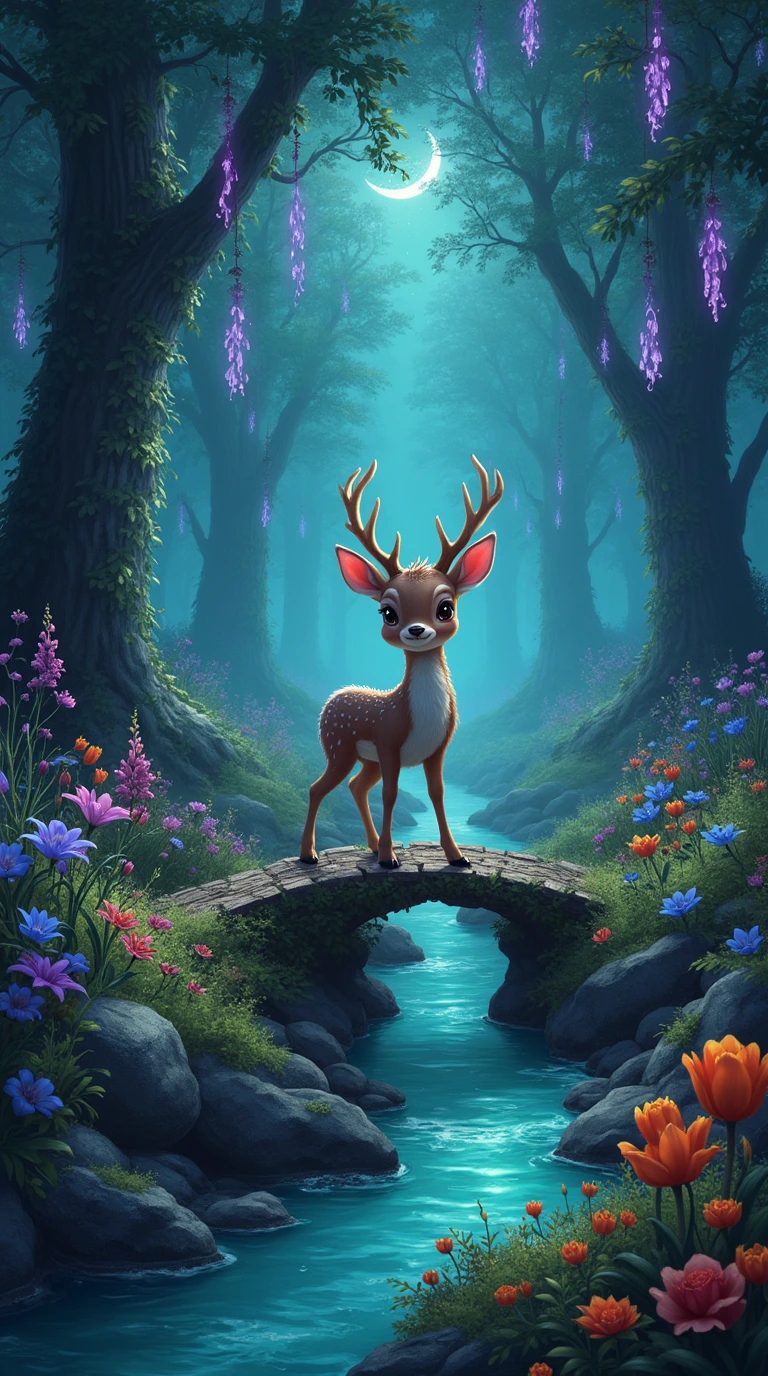 树叶呈翠绿色,悬挂的花朵散发出柔和的生物紫光,营造小鹿背景图片魔法