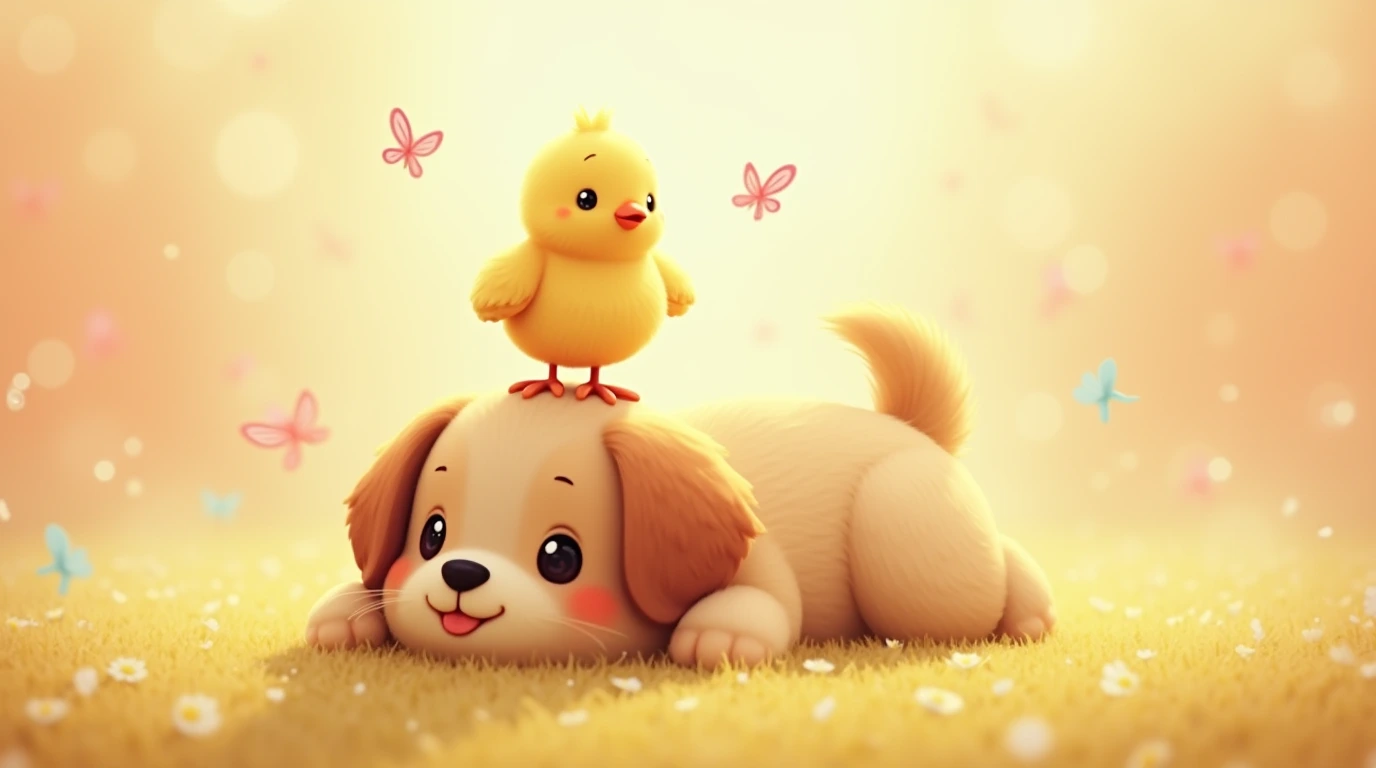 温馨  这幅温暖人心的 3d 插画描绘了一只可爱的小狗和一只小鸡和谐