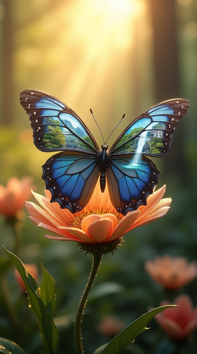 一只美丽的蝴蝶,彩虹色的翅膀上画着一幅风景画,画中有