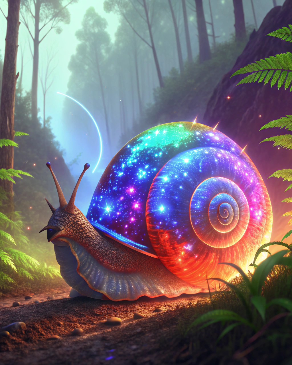 蜗牛的身体呈现出炫丽的渐变色彩,仿佛融合了大自然的瑰丽色调,展现出