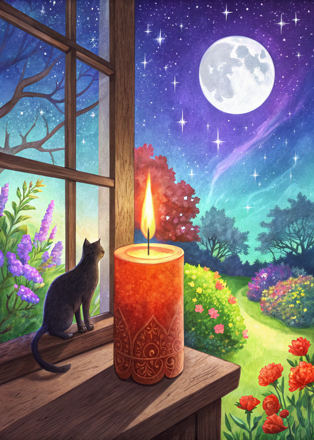 许愿  这是一幅特写水彩画,描绘的是 19 世纪一户人家的窗户旁一支