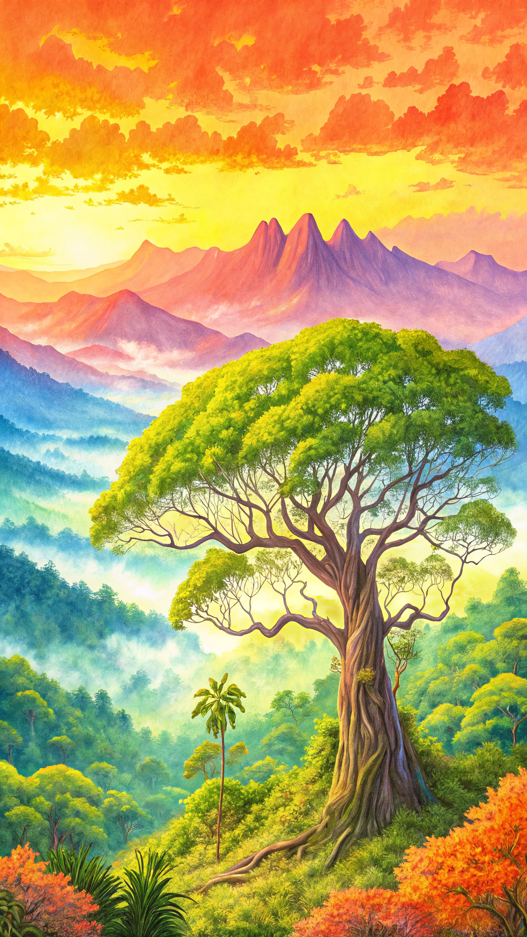 雨林  这是一幅超写实的水彩画,描绘了一幅生机勃勃的热带雨林风景画