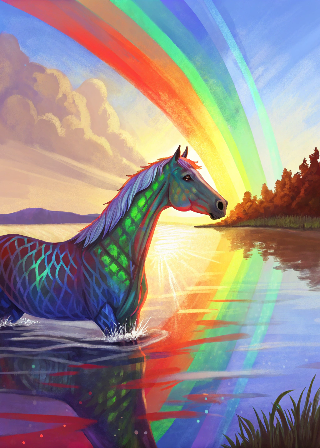 这只迷人的动物拥有彩虹般的鳞片和发光的光环,散发着空灵之美和神圣