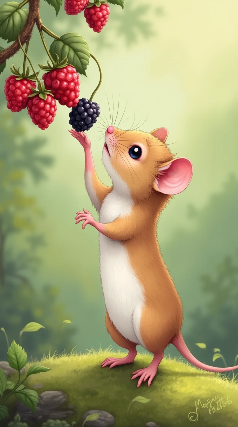 一只浅棕色和白色相间的小老鼠优雅地用后腿站立着,伸向挂满多汁