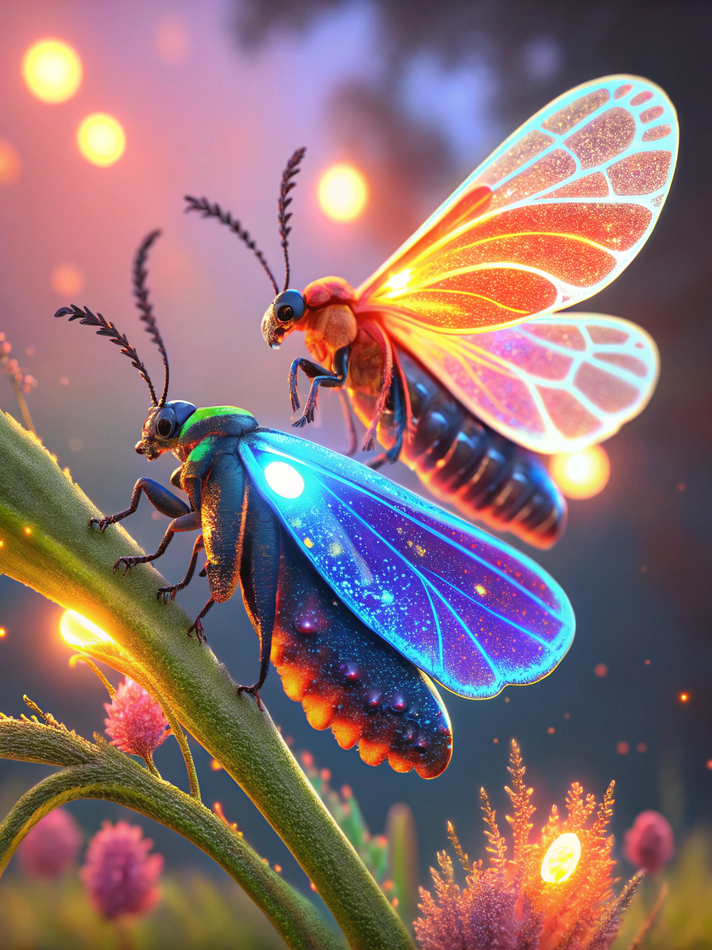 一对生物发光萤火虫的超特写 3d 效果图,它们精致的翅膀