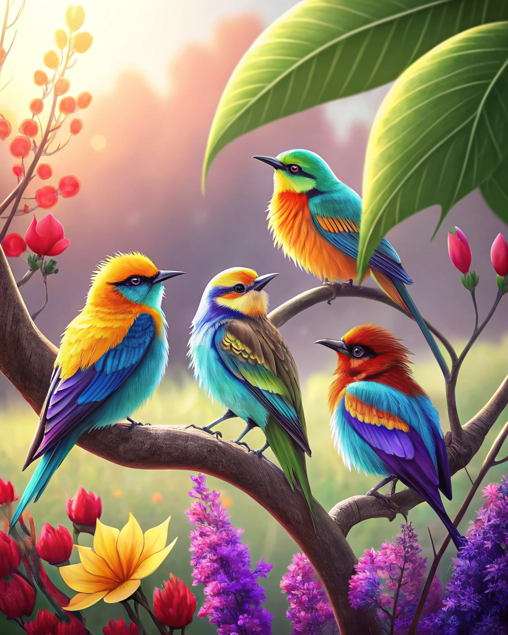 鸟儿们的羽毛有蓝色,黄色,橙色和绿色,十分醒目