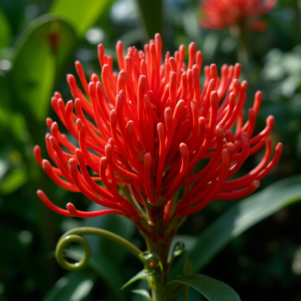 一朵鲜艳的红珊瑚花,其管状花瓣排列得像一簇火红的珊瑚枝