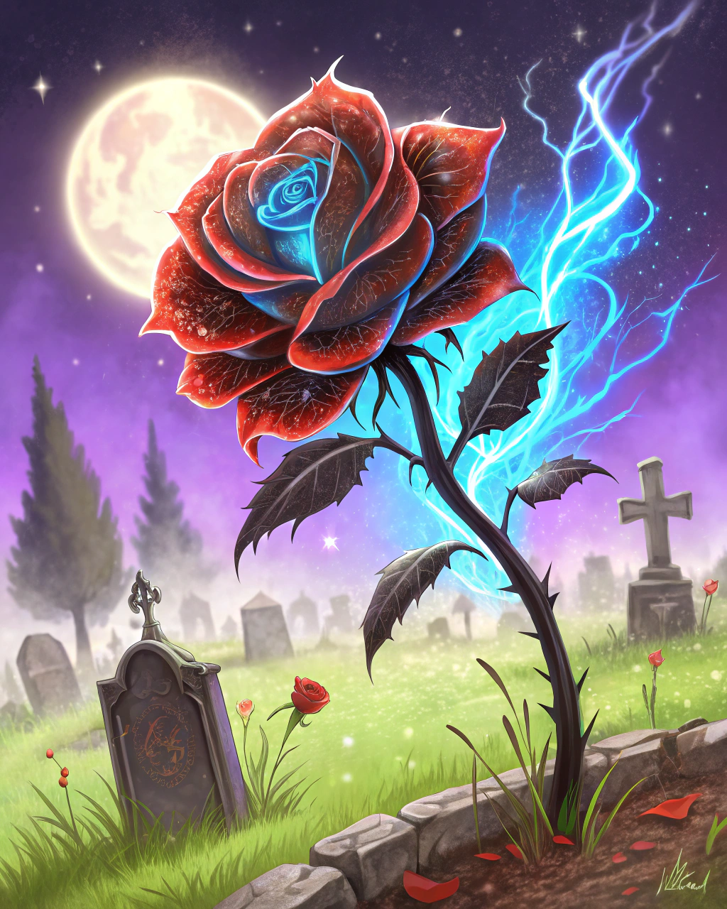 一朵美丽得令人难忘的魂刺花盛开在一座古老墓地的废墟中