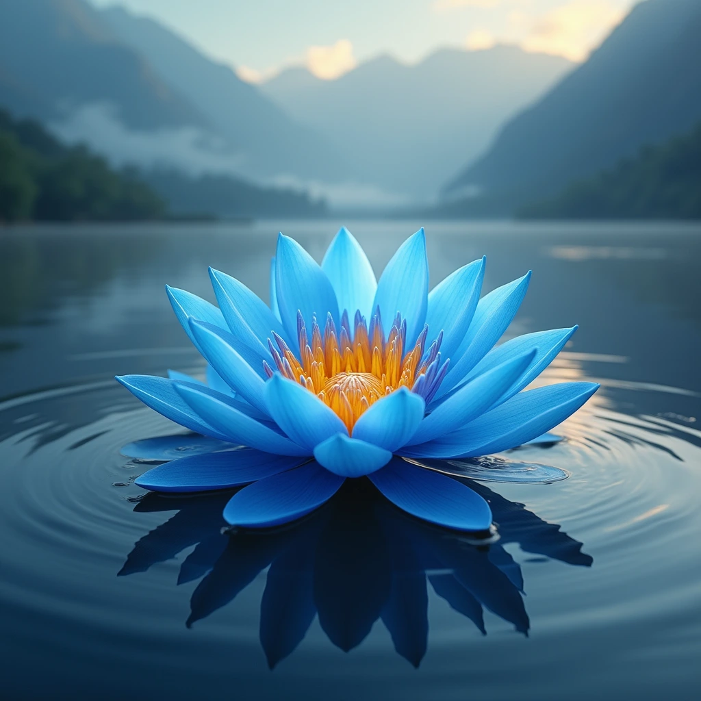 蓝莲花  一朵迷人的蓝莲花漂浮在平静的池塘上,鲜艳的蓝色花瓣散发着