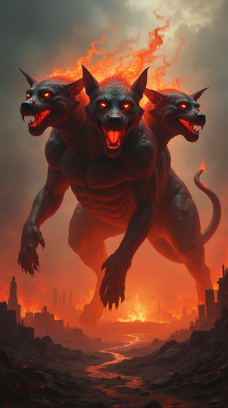 三头犬  在黑暗与火焰交织的地狱之中,一只庞大的三头犬屹立在废墟之