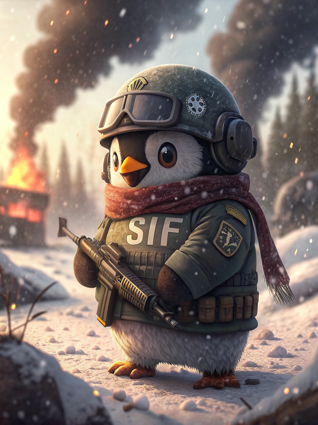 在冬季战场上,一只可爱而又随时准备战斗的企鹅头戴带夜视