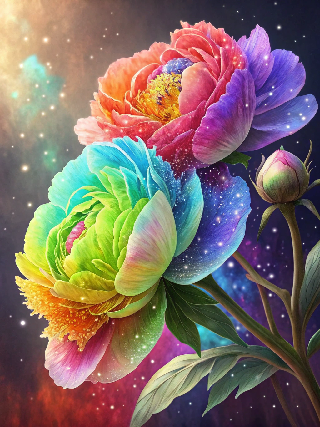 这张高精度特写的"并蒂牡丹花"呈现了一对华丽,色彩斑斓的