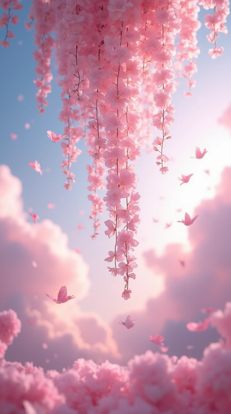 一幅超现实主义风格的梦幻画面,广阔无垠的天空中挂着一串串粉色欢滗