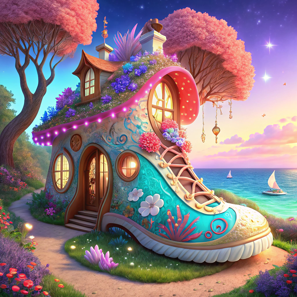 鞋屋  一幅3d写实油画,描绘了一座奇思妙想的童话般宝石鞋屋