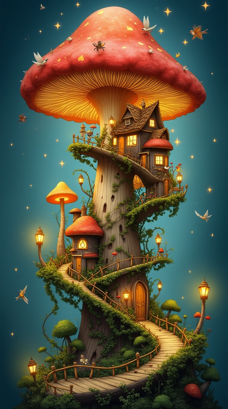 蘑菇的顶端是保护蘑菇下错综复杂的建筑,桥梁和蜿蜒街道的穹顶