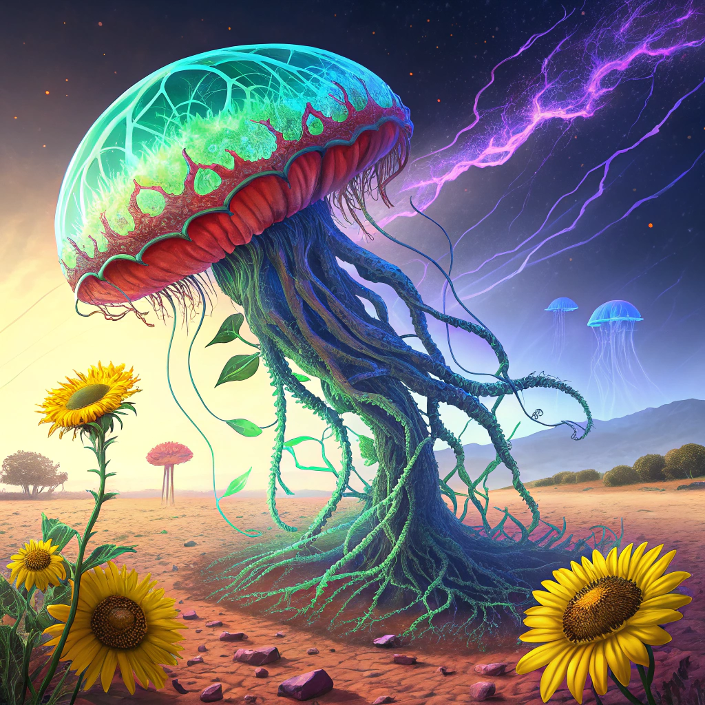 奇异水母  这幅画描绘了一种奇异而又优雅的进化生物,它像一只发光的