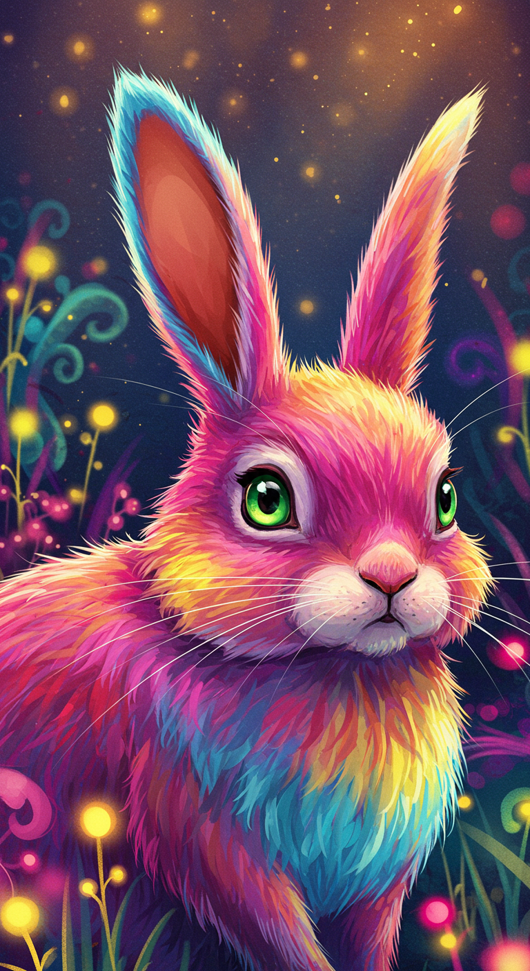 这是一幅充满奇思妙想,令人着迷的插图,一只色彩鲜艳的兔子