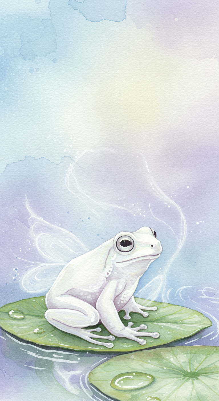 白蛙  这幅作品是一幅梦幻般的水彩画,以一只白色青蛙为主角,画面整体