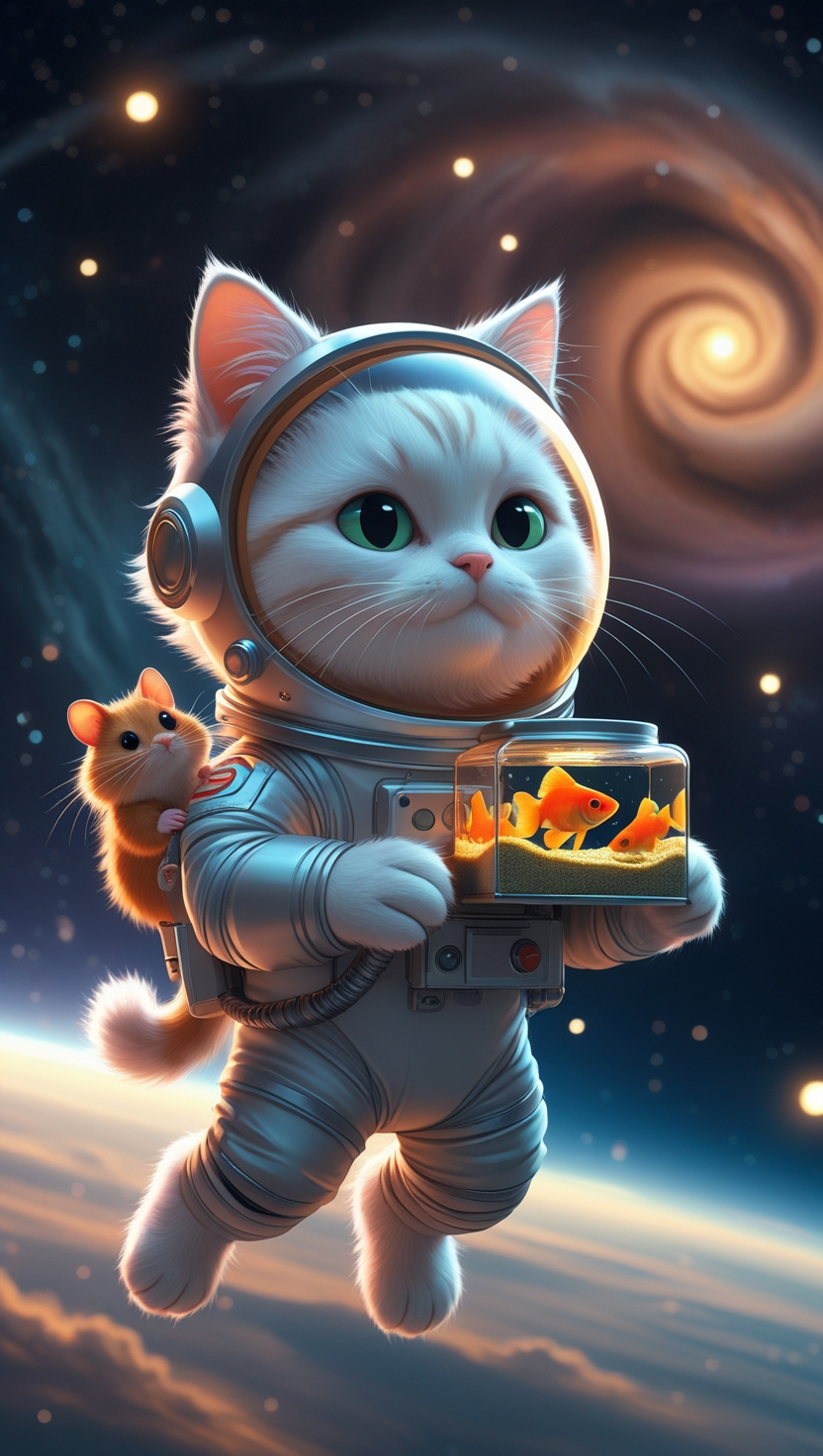 这只猫戴着闪闪发光的银色头盔和有色面罩,蓬松的白毛在空旷的太空中