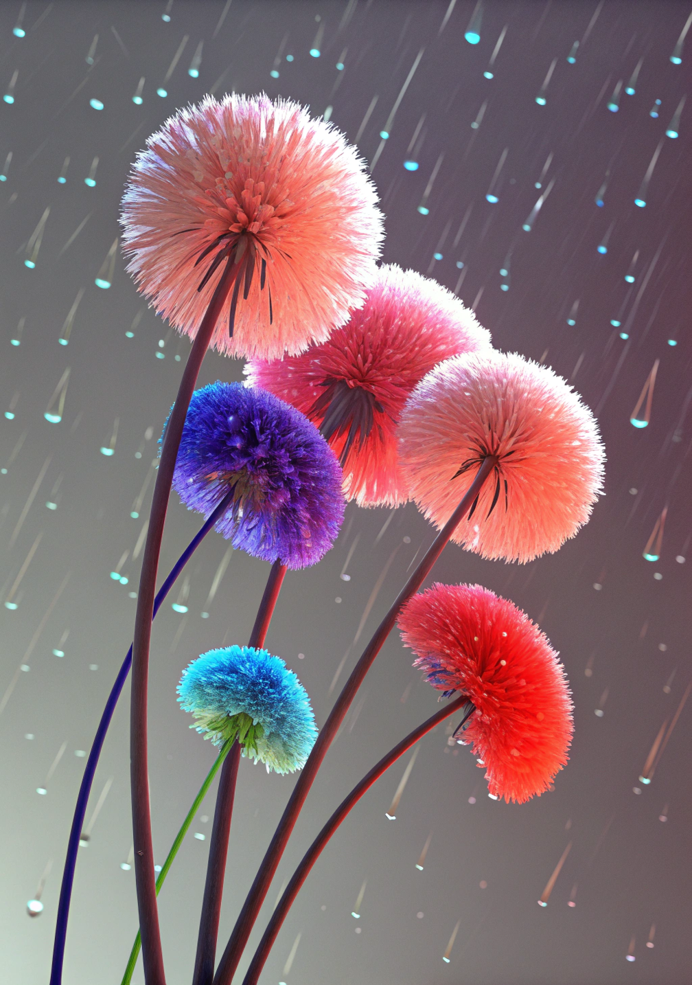 这是一幅充满梦幻气息的 3d 效果图,描绘几朵粉红色,蓬松