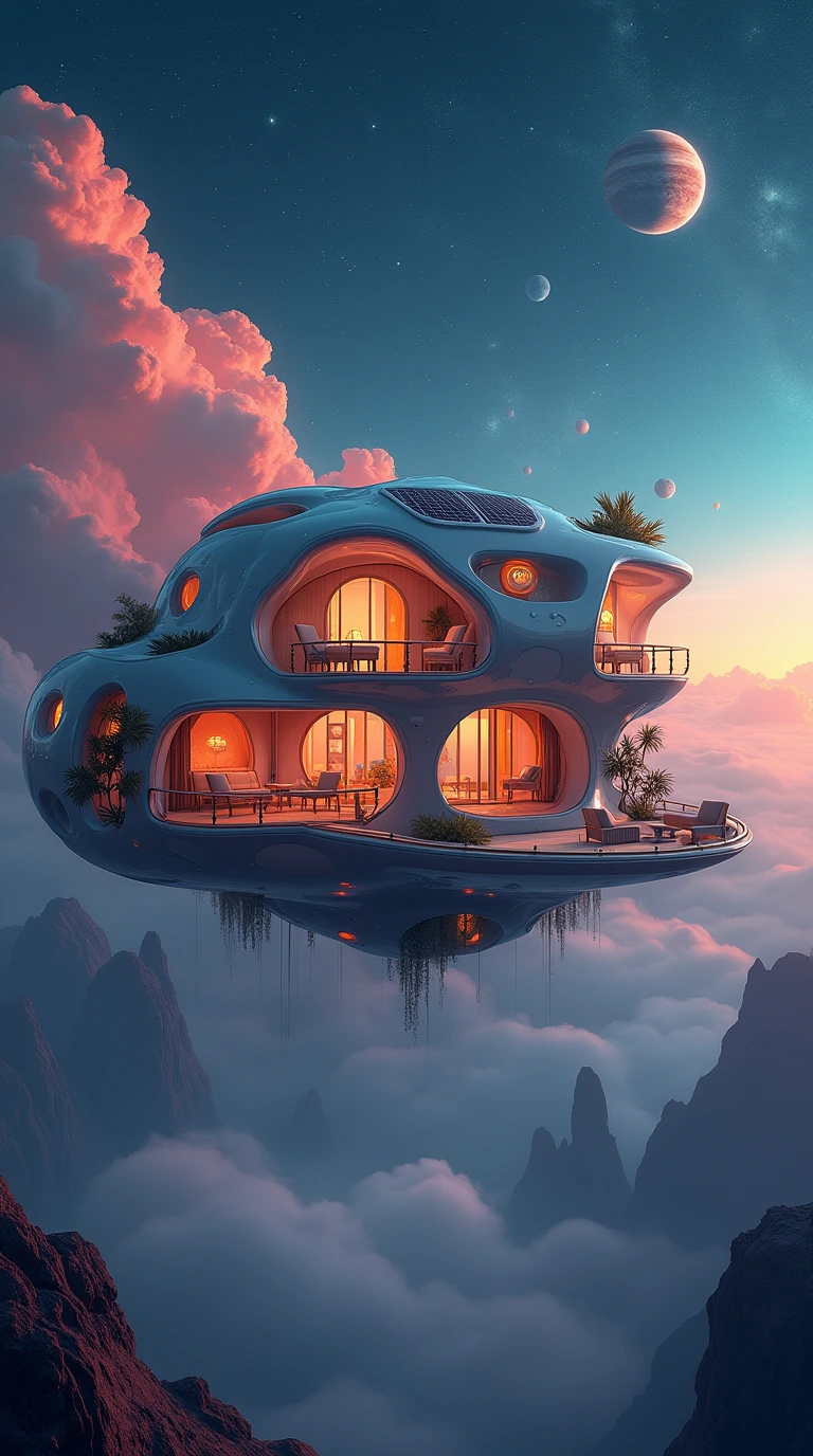 太空屋  这是一座漂浮在外太空的未来派住宅,外观充满流线型与科幻感