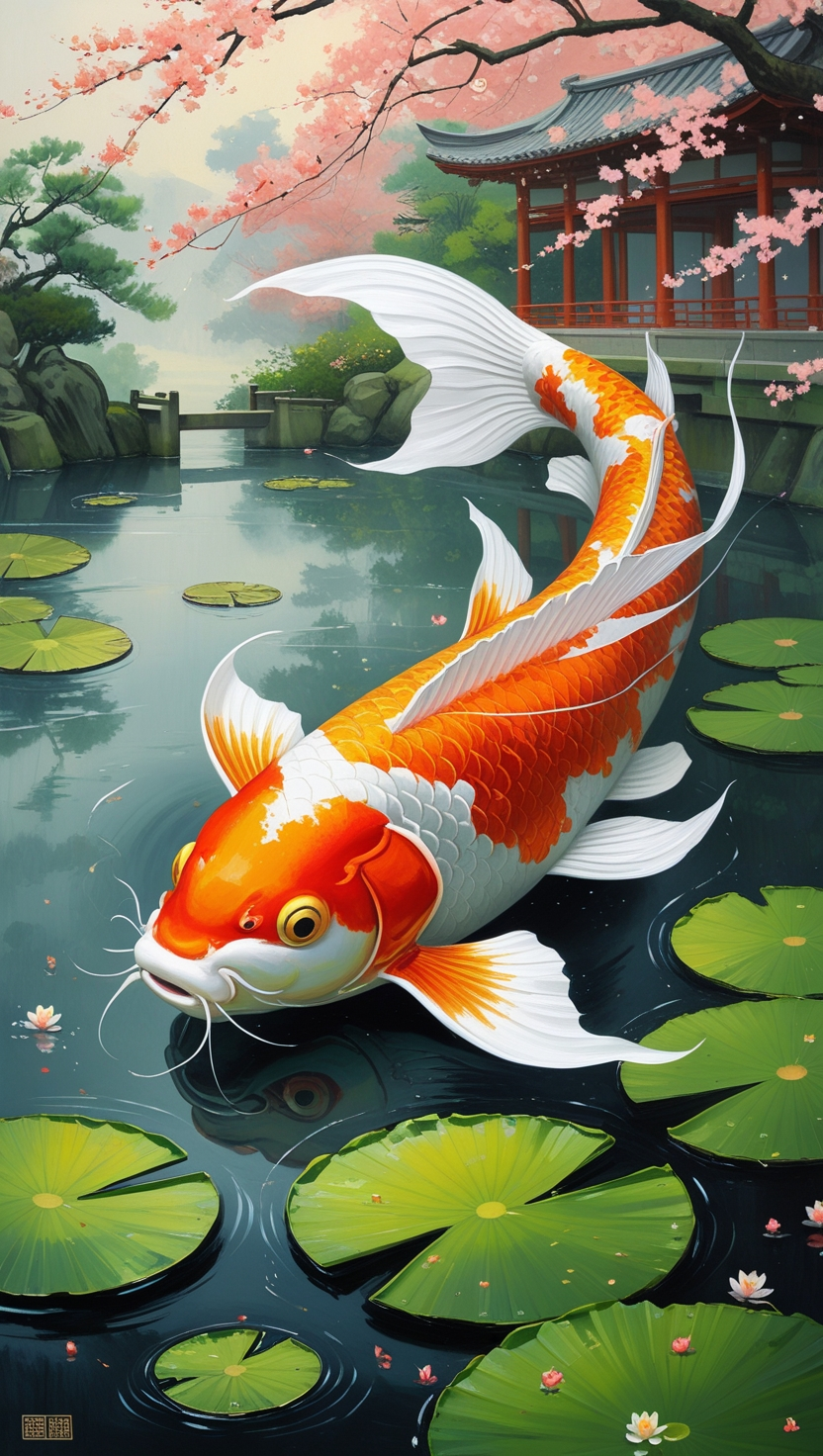 锦鲤  这是一幅东方水墨风格的艺术画作,描绘了一条优雅宁静的锦鲤,在