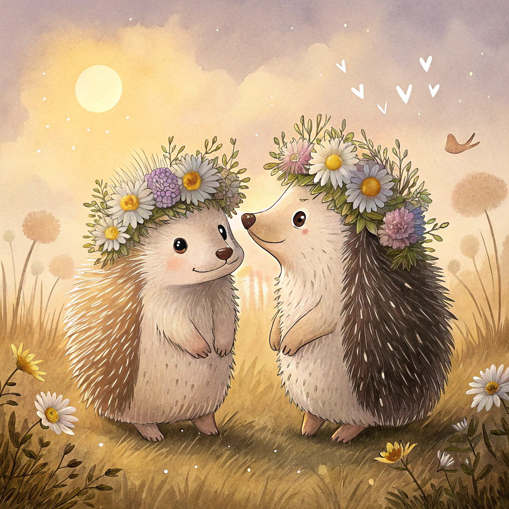 刺猬夫妇  这是一幅温馨可爱的插画作品,画面描绘一对憨态可掬的刺猬