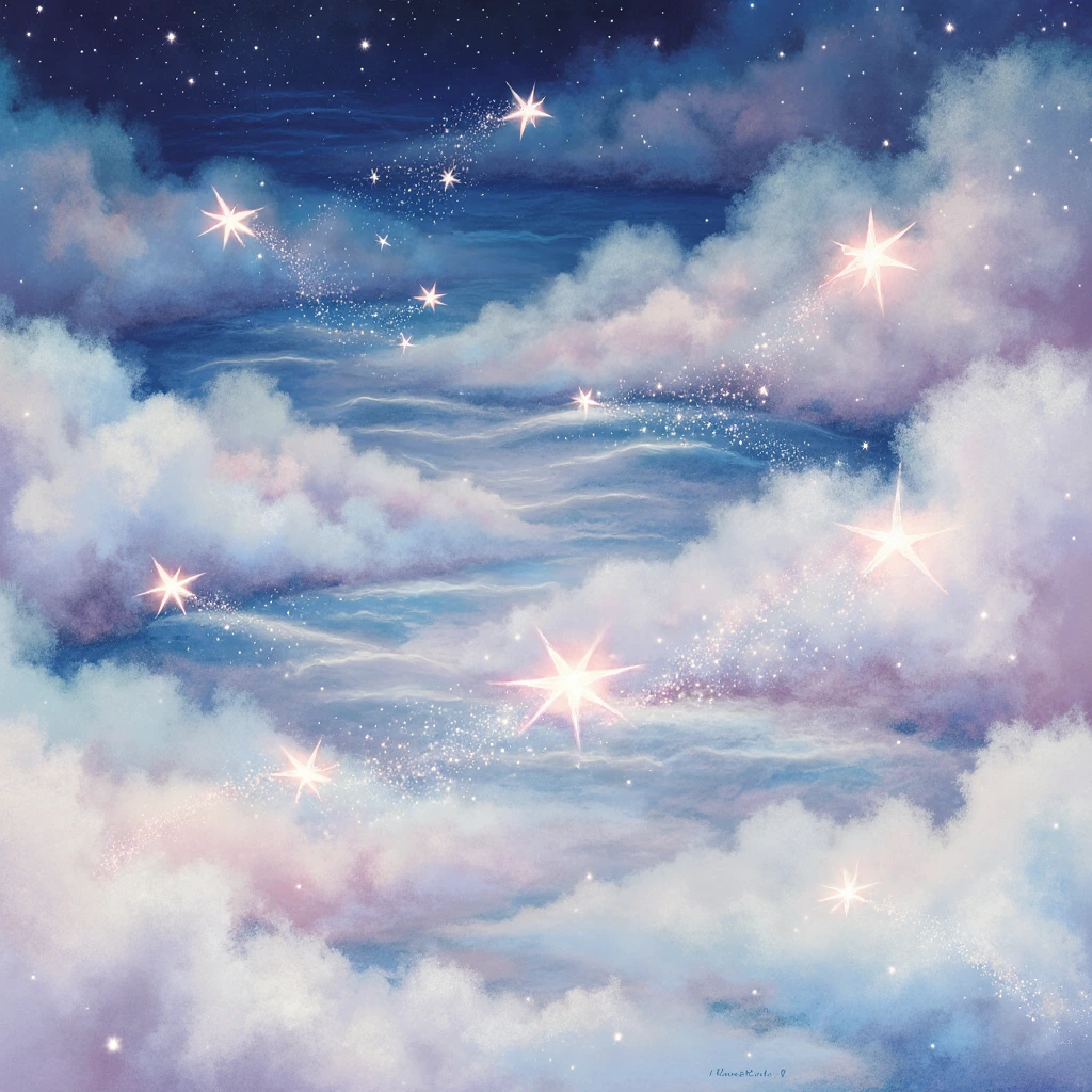 星海  夜空中,柔软蓬松的云朵如海洋般起伏,一颗颗星星仿佛有生命般