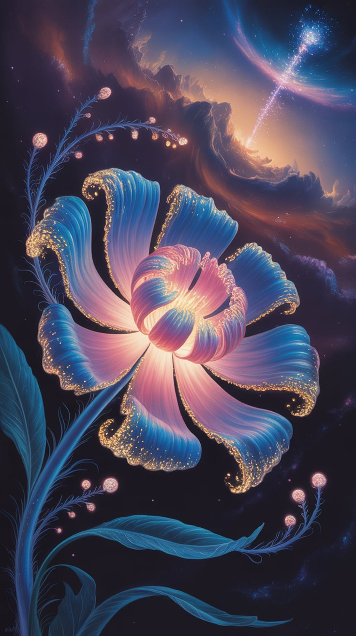 魔花  这是一幅数字绘画,描绘了一朵硕大的蓝粉色魔幻花朵在浩瀚无垠