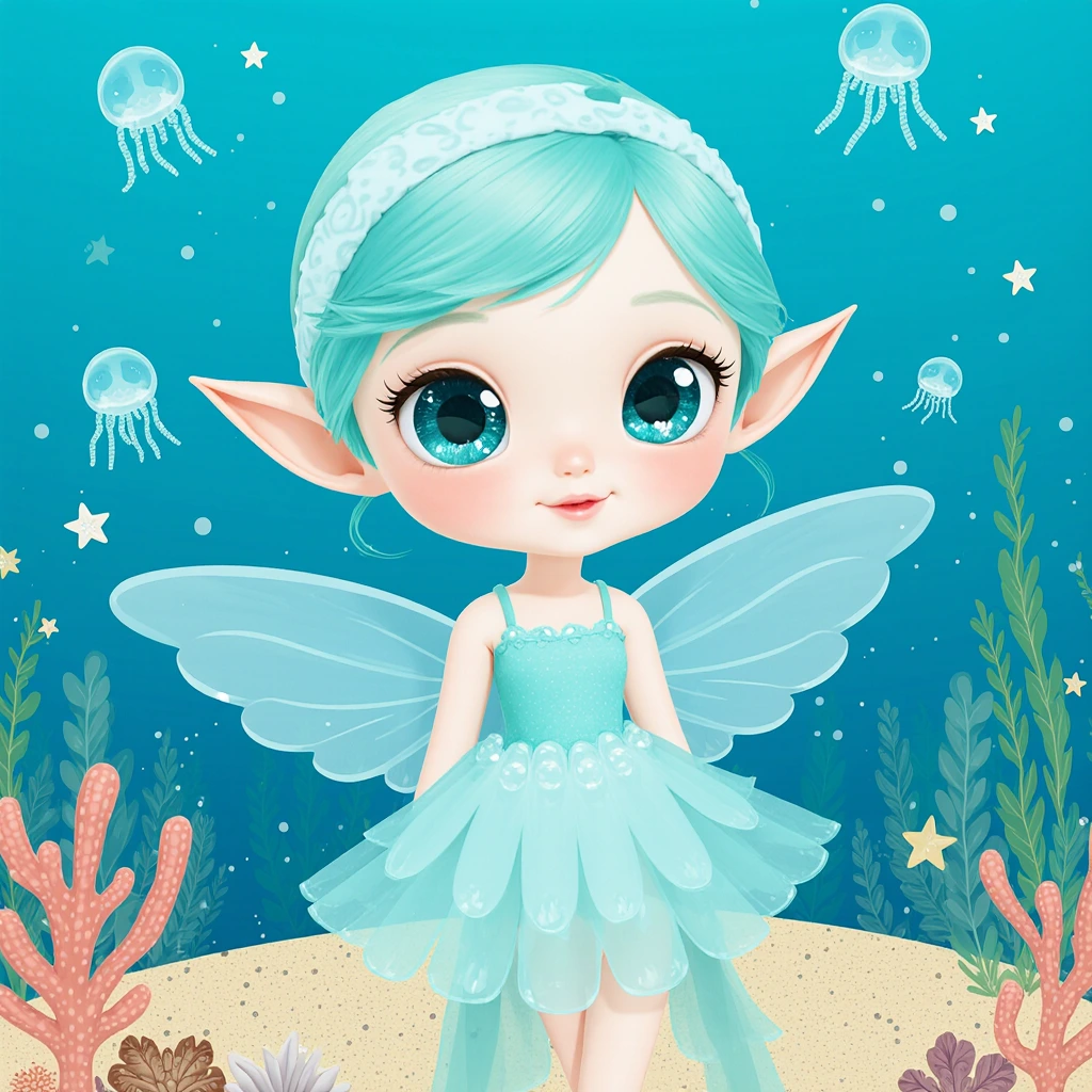 这是一位海洋精灵的角色设计,风格为皮克斯动画风格,造型软