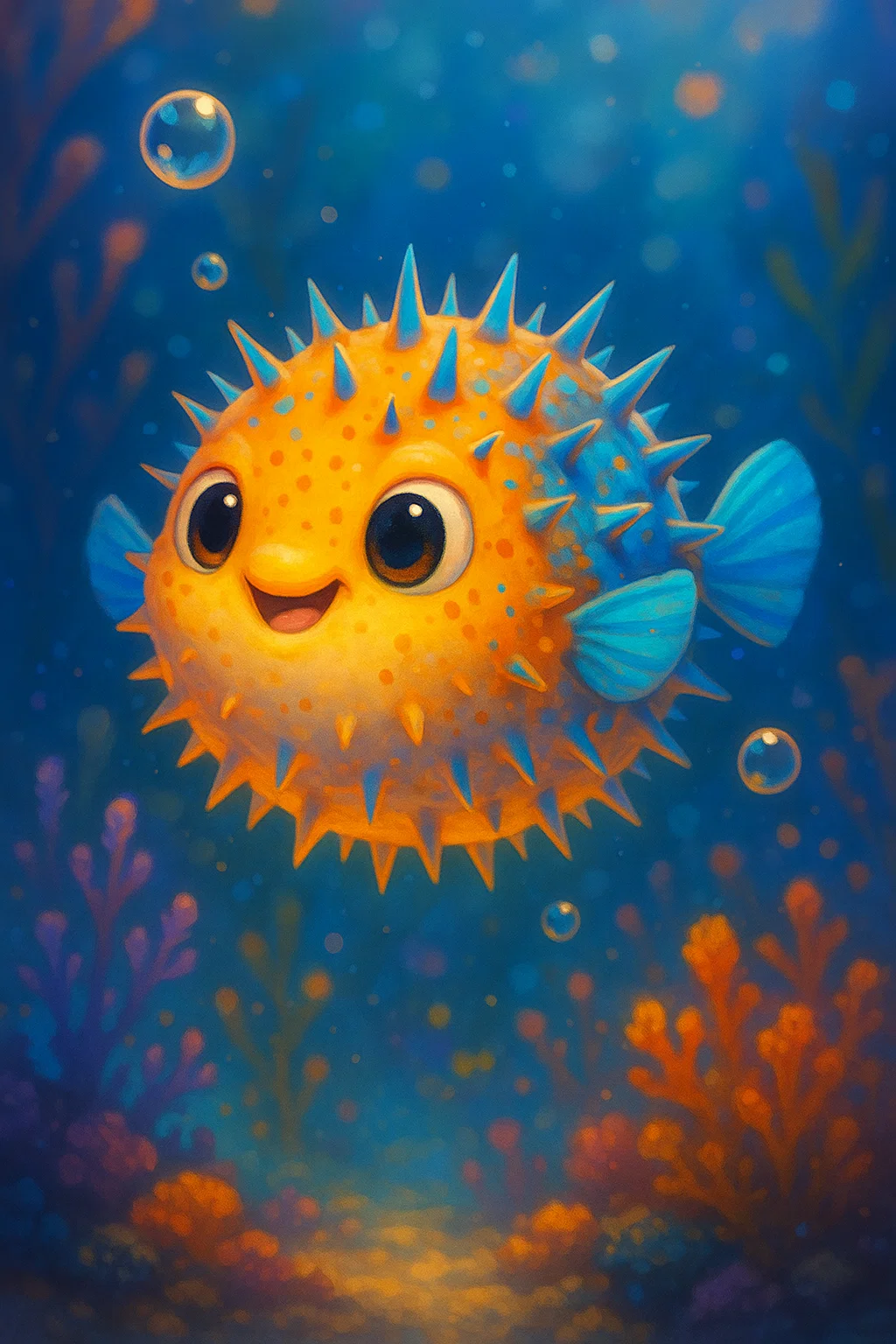 河豚  一只色彩鲜艳的可爱河豚,睁着一双富有神采的大眼睛,在梦幻般的