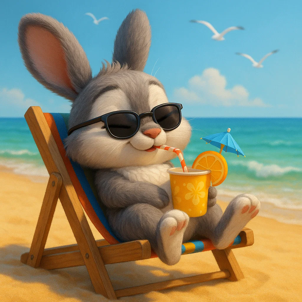 带着微笑的表情,背景是海滩,风格松弛感头像惬意微信卡通动物小兔子喝
