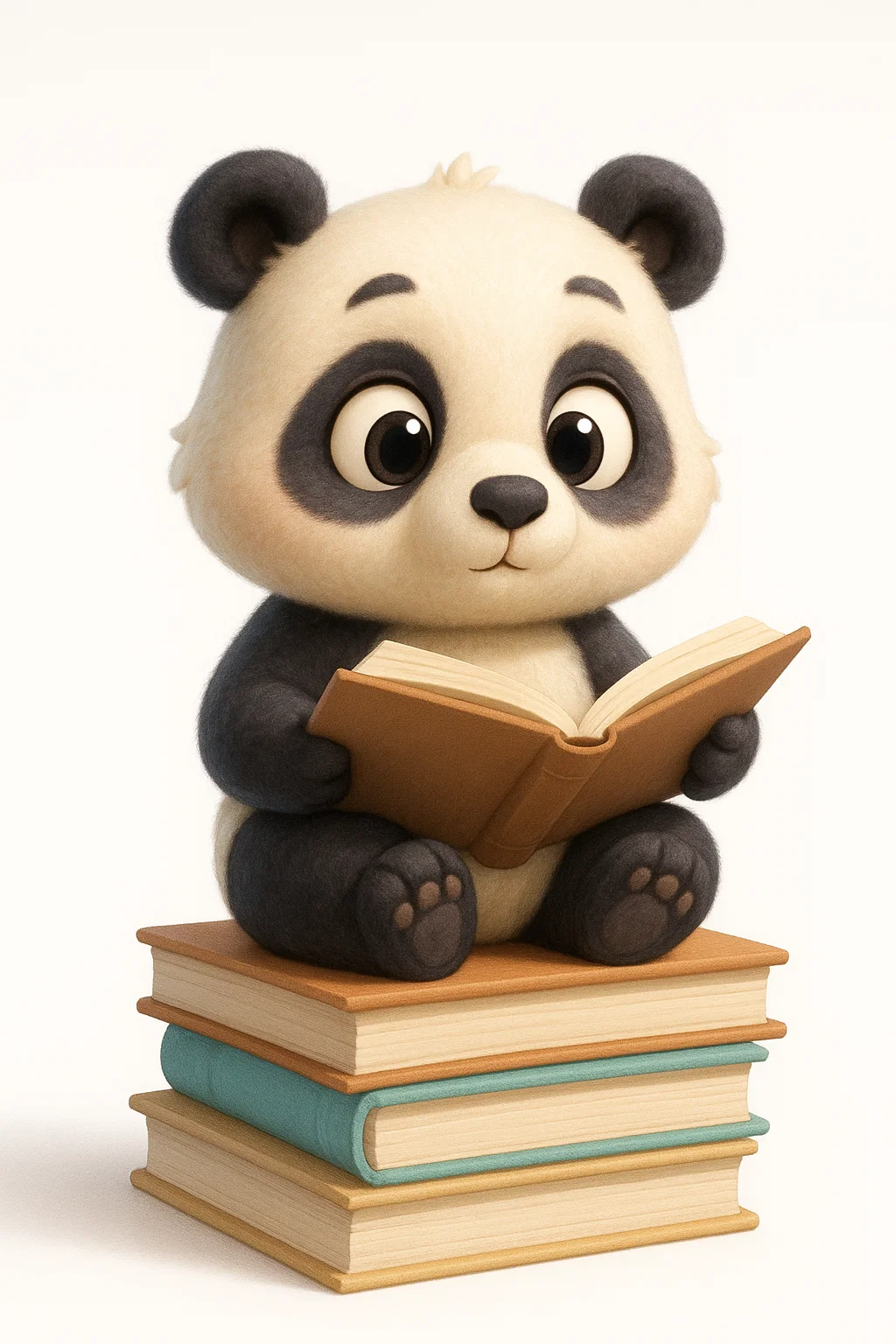 看书  3d卡通熊猫盘腿坐在堆叠的精装书上,拿着一本打开的书,富有表现