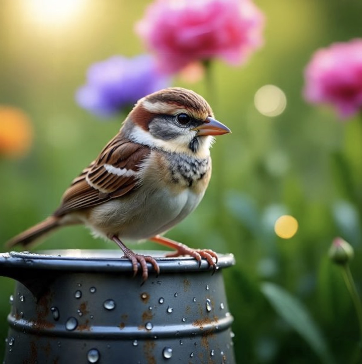 小麻雀  一只小麻雀栖息在喷壶边缘,构成了画面的中心