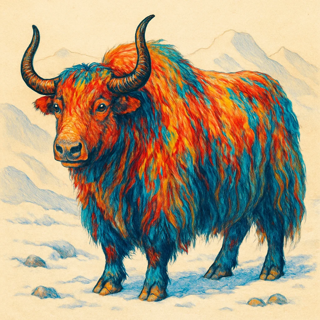 这头牦牛体型庞大,皮毛浓密,色彩缤纷,混合着鲜艳的红,橙,黄,蓝和白色