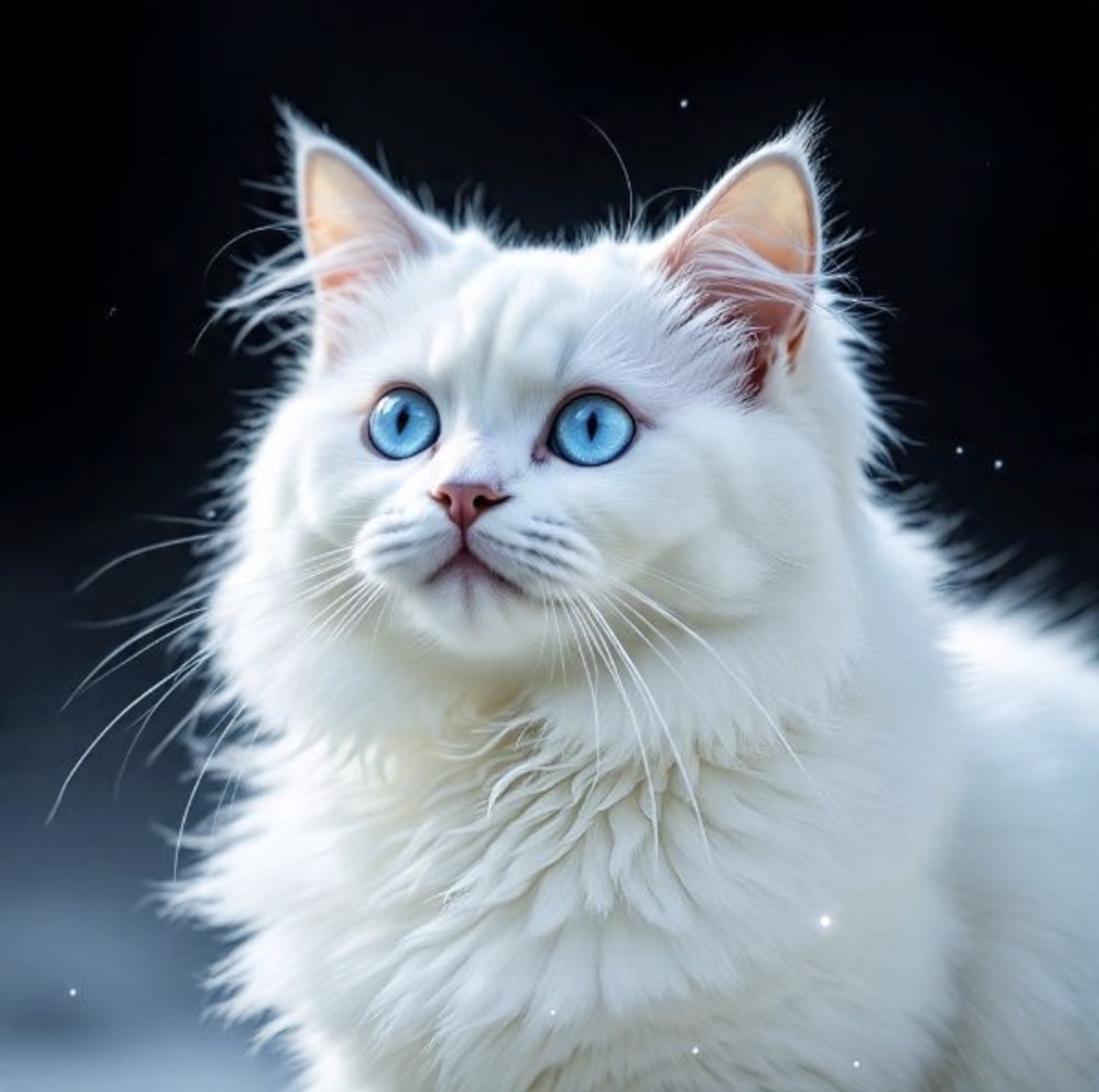超极致主义风格,特写镜头捕捉一只白色猫咪,浅蓝色眼睛闪耀