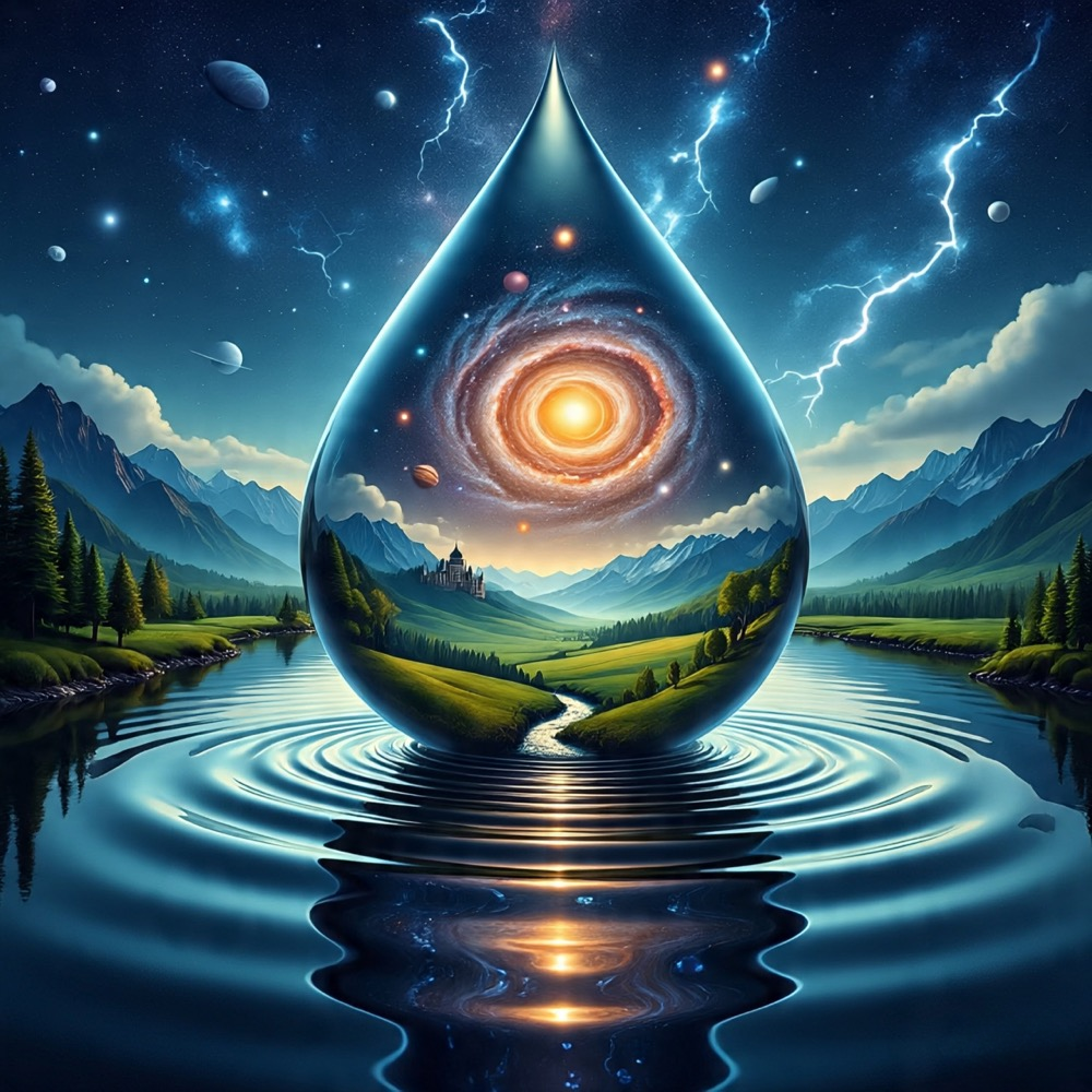 一颗水滴状的透明球体漂浮在一条平静的河面上,球体内部