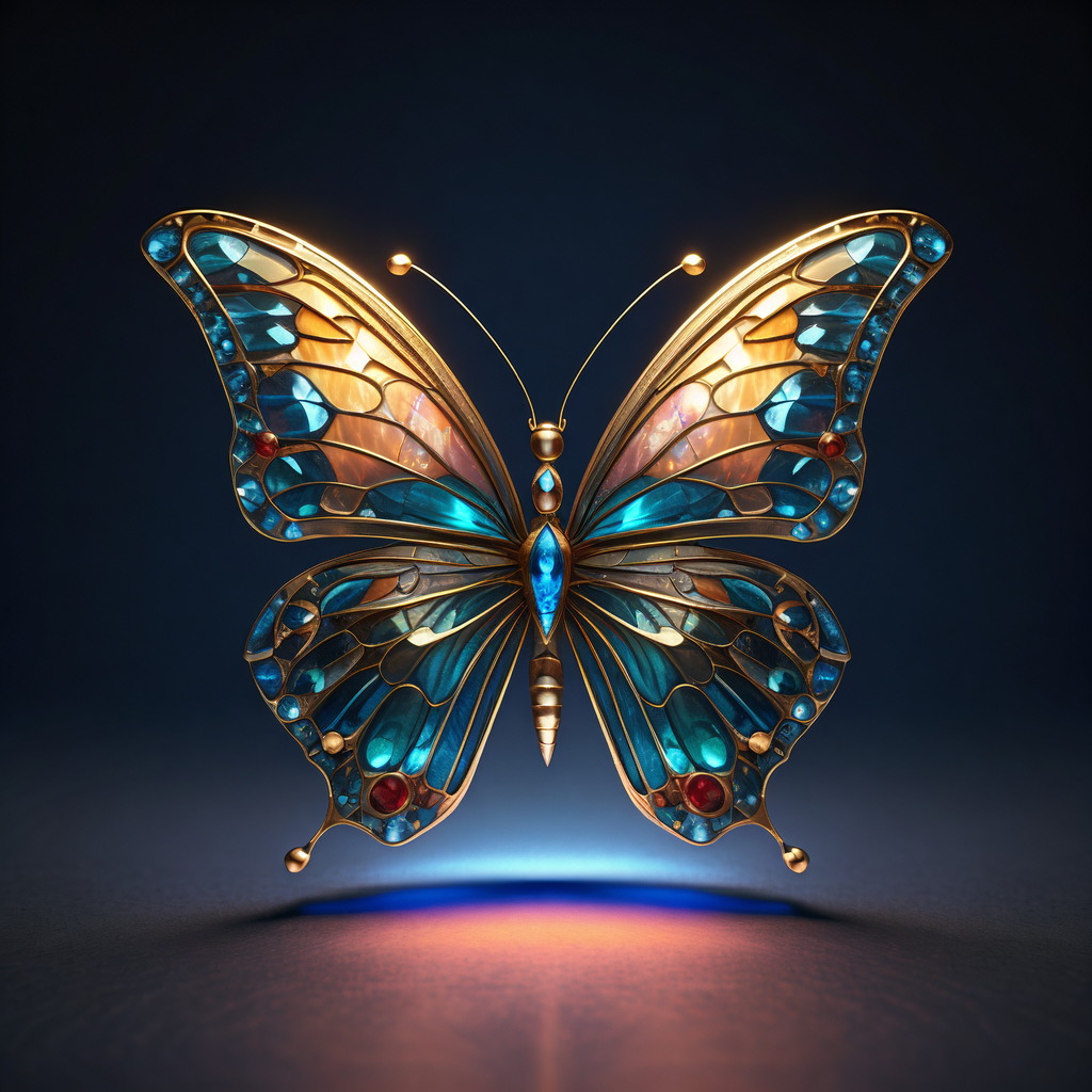 在漆黑的夜幕下,一只宝石蝴蝶静静地停驻,犹如一位优雅的舞者,在静谧