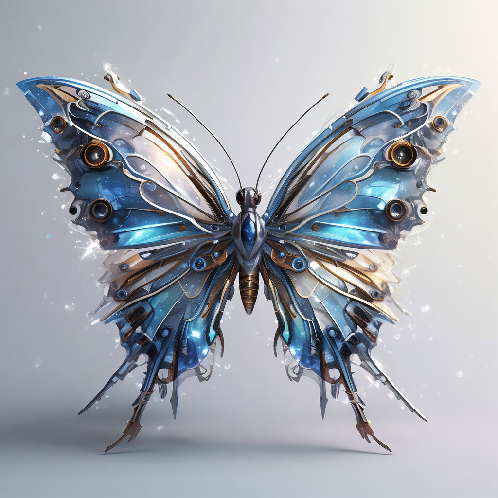 这只以金属零件巧妙构筑的蝴蝶,仿佛是从科幻梦境中翩翩而至的生灵,它