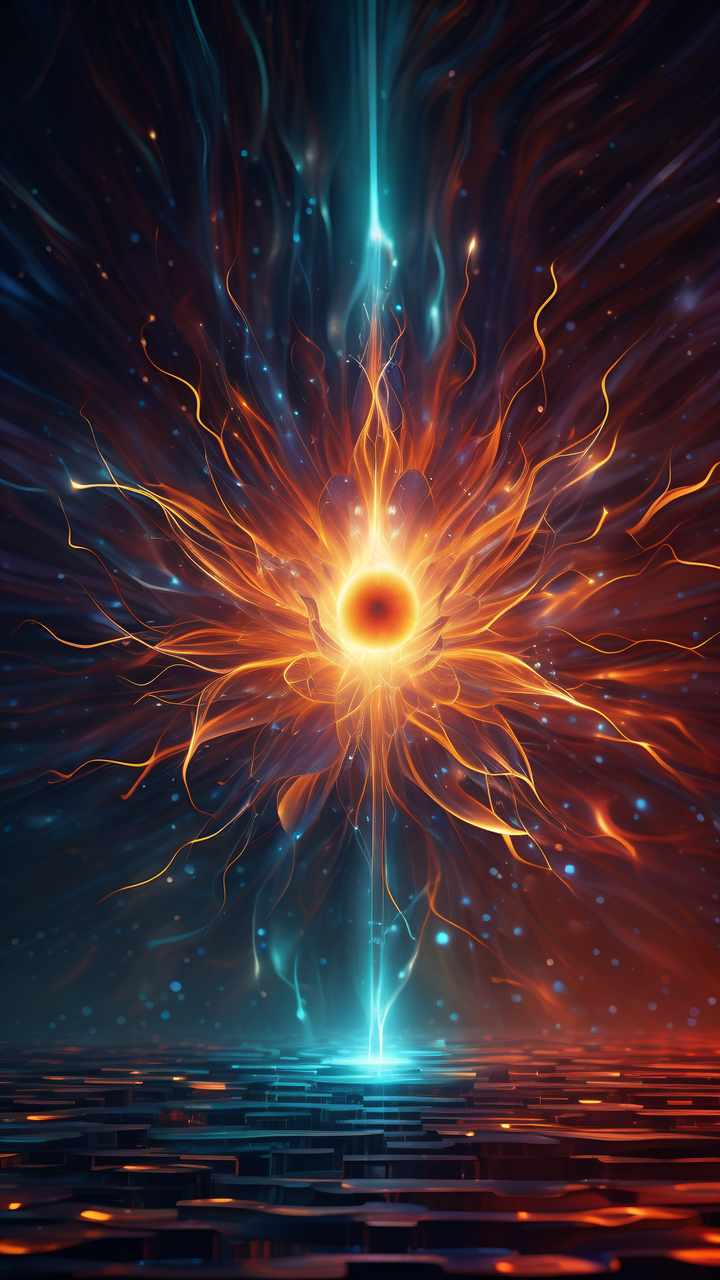 在浩瀚的黑暗背景中,一个发光球体犹如宇宙的心脏,静