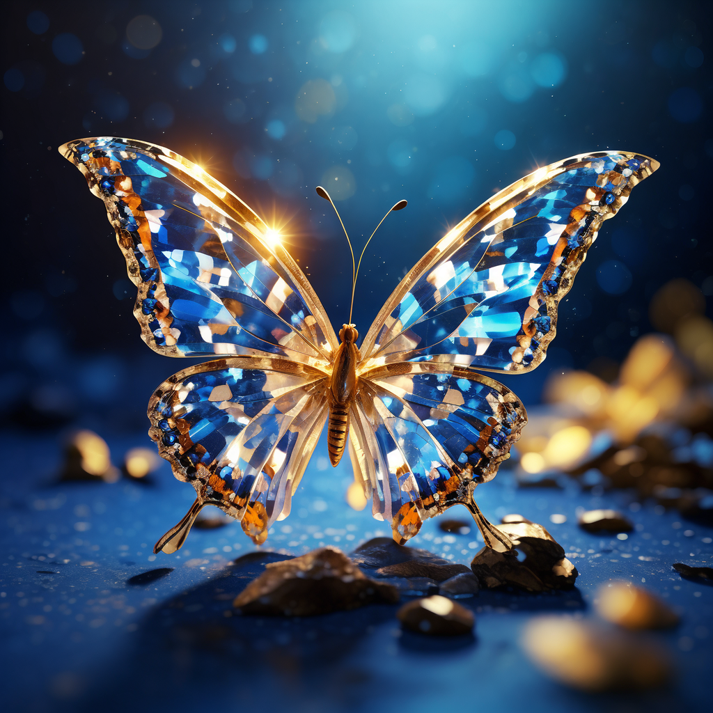 在这片朦胧而神秘的背景前,一只由璀璨蓝色宝石雕琢而成的蝴蝶缓缓
